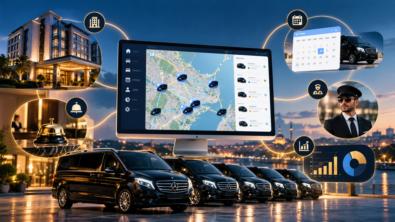 Kaptan VIP company dashboard showing vehicles on a map, connected to the fleet, drivers, bookings and reports
