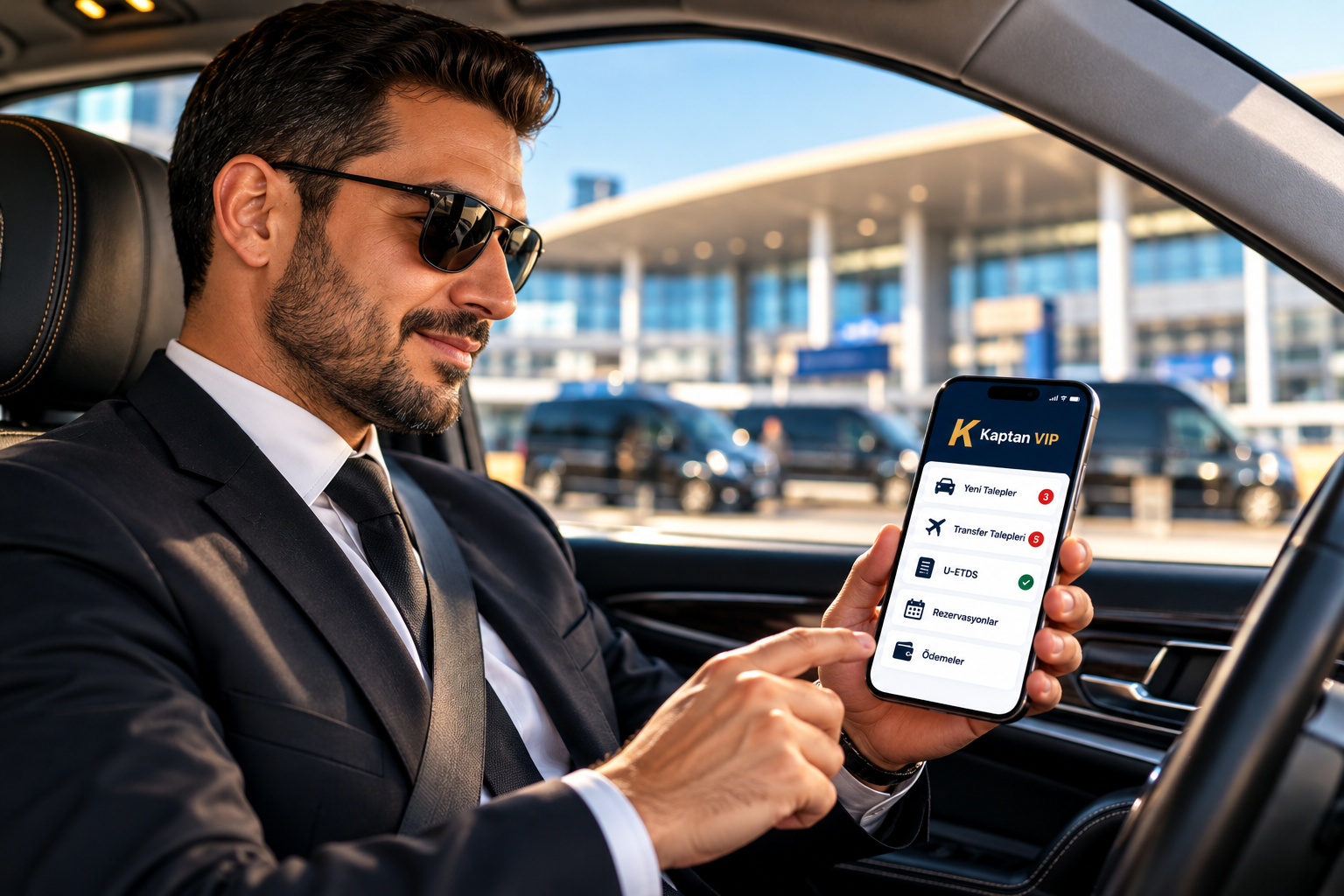 Professional driver using the Kaptan VIP mobile app in his vehicle at the airport
