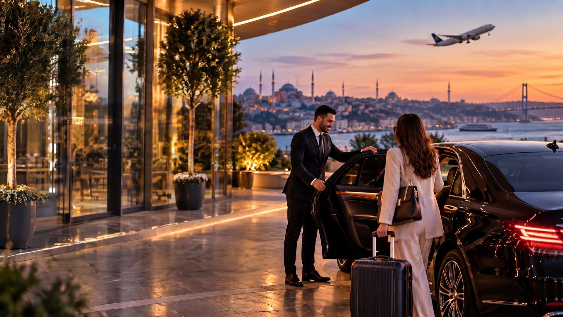 A chauffeur opening the car door for a traveller with luggage in front of a hotel in Istanbul
