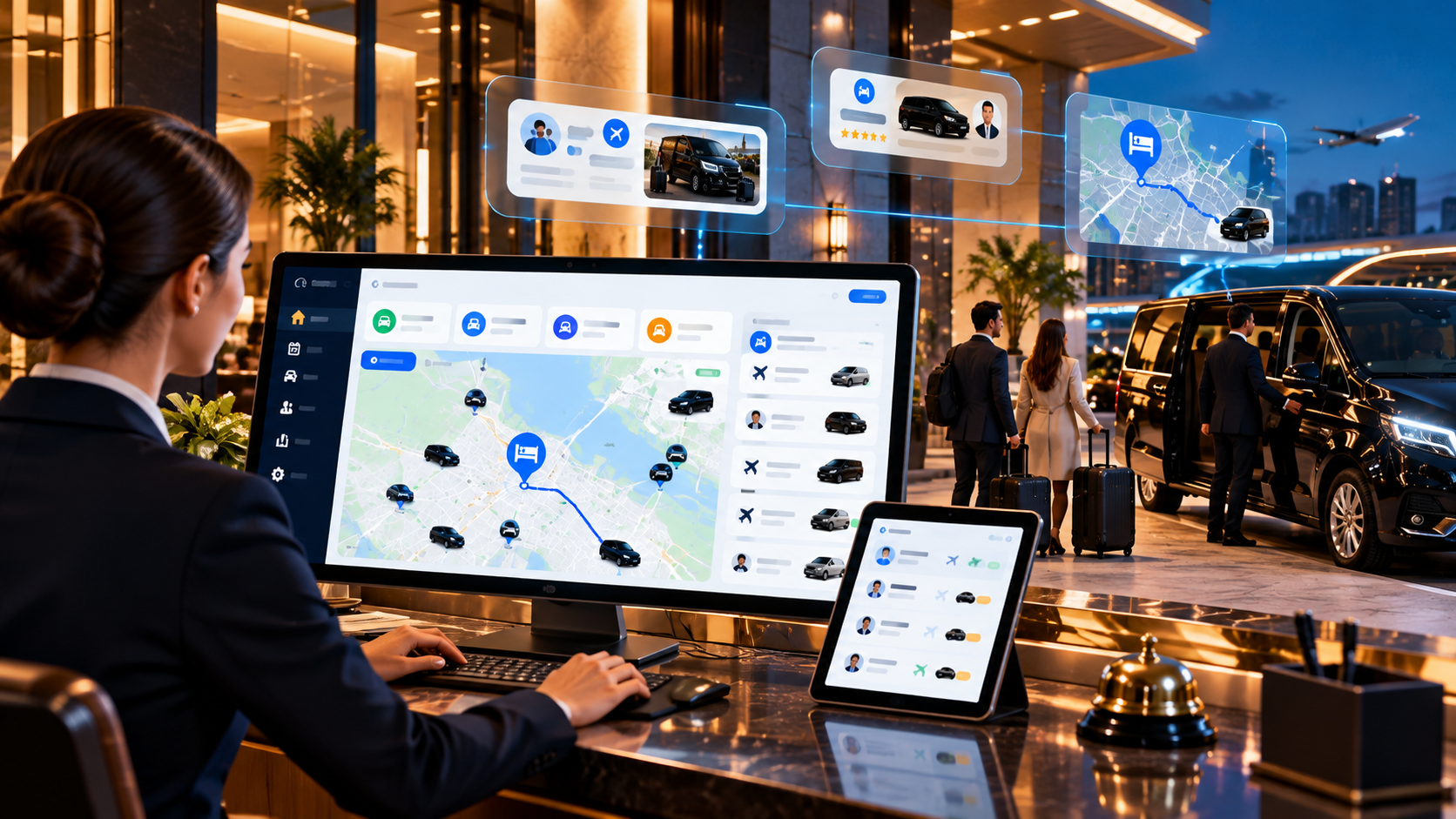 Hotel receptionist managing guest transfers on the Kaptan VIP dashboard with a tablet at the front desk